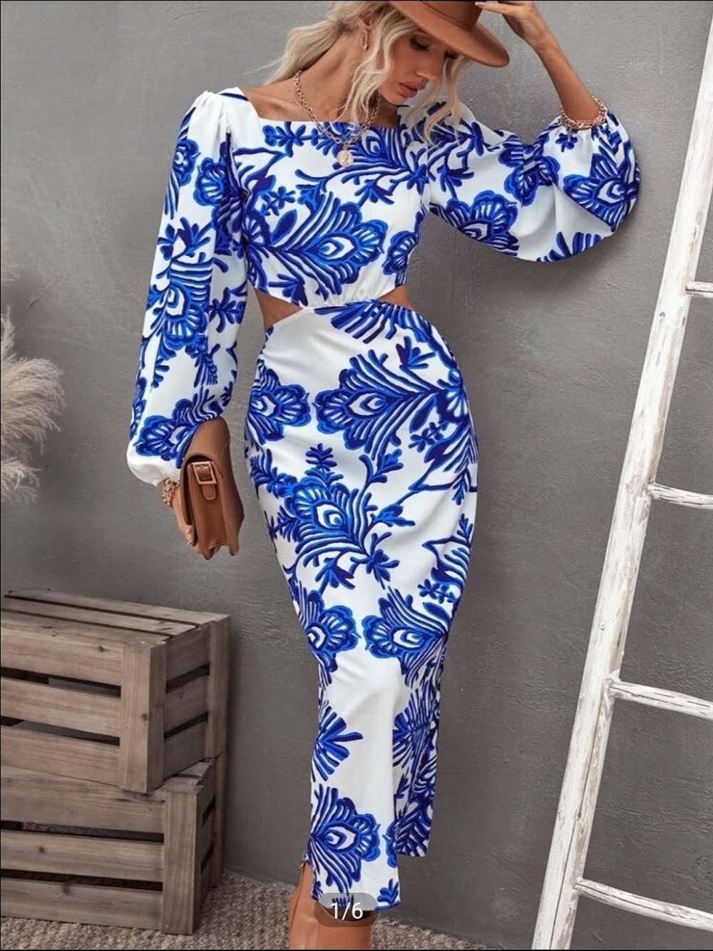 Blue Floral Print Lantern Sleeve Cutout Dress - Women
